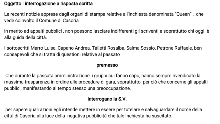 Interrogazione a risposta scritta: il Comune di Casoria coinvolto nell’inchiesta Queen