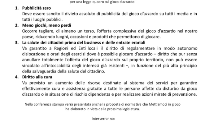 Una legge sul gioco d’azzardo: la proposta ai candidati alle elezioni politiche