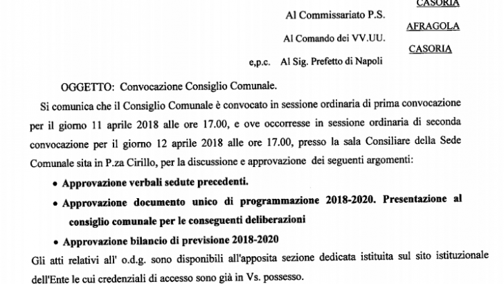 Comunicazione Consiglio Comunale