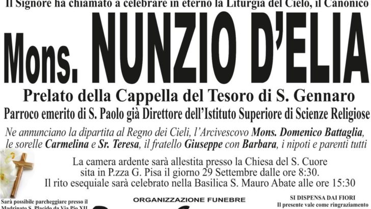 È morto il Mons. Nunzio D’Elia, le condoglianze di CasoriaDue